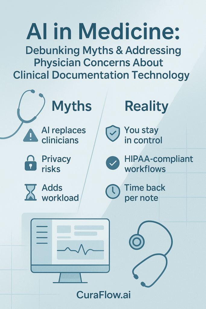 Infographic debunking AI documentation myths for physicians.